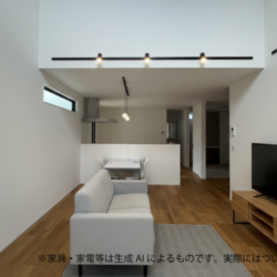 18帖LDK「上下階がつながる光の空間。どこにいても家族の気配と明るさを感じられます。」居間