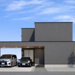 水平線が描く、邸宅の品格。　　おしゃれで機能的な「濡れずに玄関へアクセスできるガレージのある2階建て」の建築プラン。デザイン性と実用性を両立させた、モダンな住まいのコンセプトのご提案です。外観