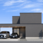 外観 水平線が描く、邸宅の品格。　　おしゃれで機能的な「濡れずに玄関へアクセスできるガレージのある2階建て」の建築プラン。デザイン性と実用性を両立させた、モダンな住まいのコンセプトのご提案です。